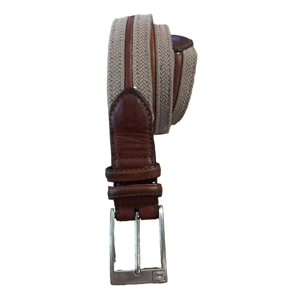 PGA Tour Tan Canvas Webbing Golf Belt Mens 34 Brown Leather Silver Buckle